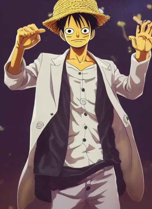 Image similar to a real life image of luffy wearing a white suit, Golden Hour Effect, trending on ArtStation