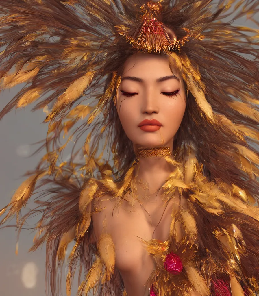 Image similar to closeup photoshoot of asian goddess of bliss and honey, feathers hair, silk flowing in wind, totemic ritualistic tarot sigils embedded in ruby skin, photoreal, unreal engine, redshift render, trending on artstation