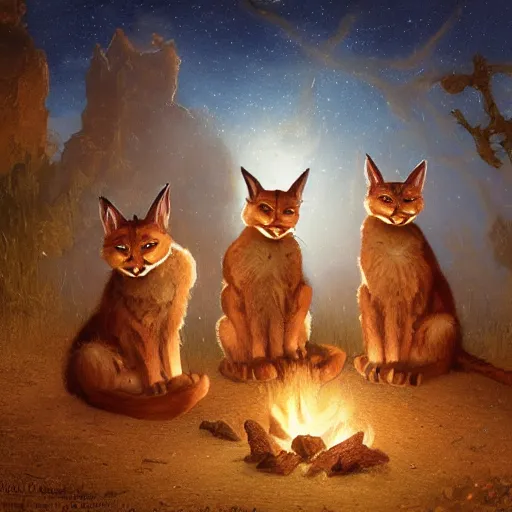 Image similar to three cute caracals wearing red bows and ties, campfire, guitar, night, atmospheric lighting, intricate, volumetric lighting, digital art, highly detailed by gaston bussiere, craig mullins, j. c. leyendecker 8 k