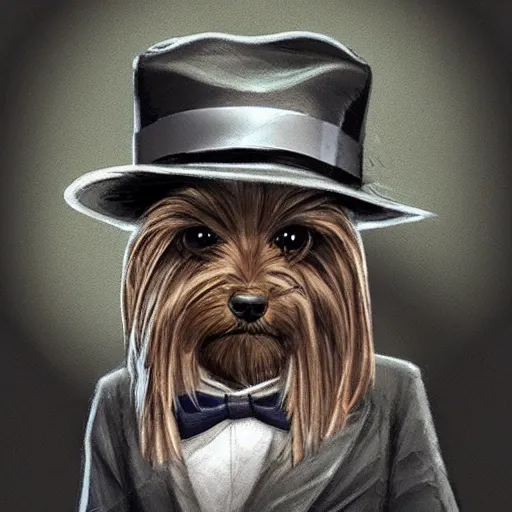 Image similar to detective yorkshire terrier wearing a fedora, in a dark alley, by D&D Concept Artists