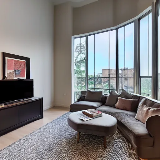 Prompt: photo of an apartment with high windows and staircase leading to second floor, modern furnishing. A tv stands in the corner in front of a couch. The other corner has a dining table.