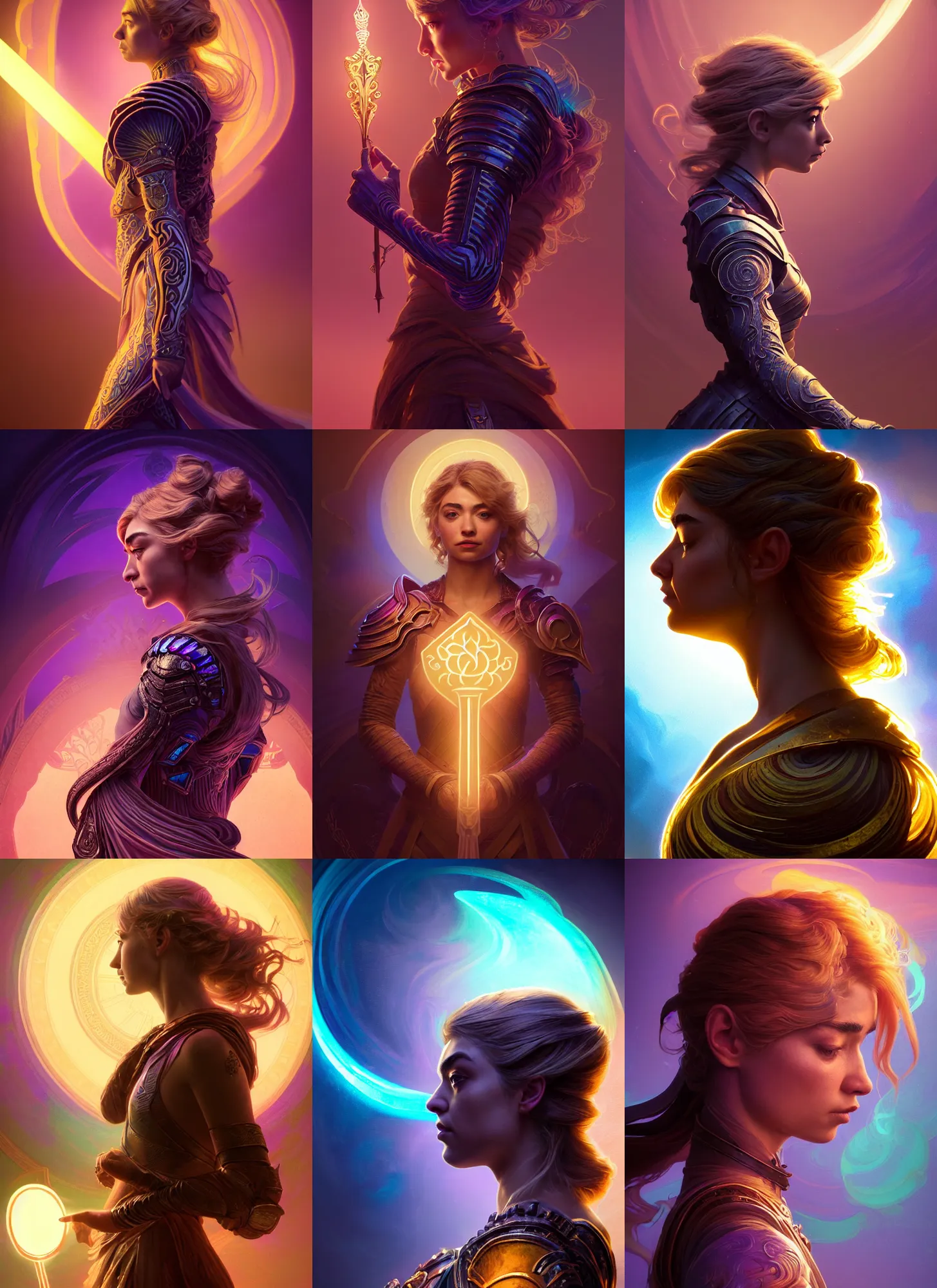 Prompt: side portrait, imogen poots paladin, gloomhaven, soft, smooth, luminescent, art nouveau tarot, backlit glow, colorful swirly ripples, gaudy colors, aesthetic octane render!, unreal engine!, 8 k, by greg rutkowski, jesper ejsing, rhads, lois van baarle, ilya kuvshinov