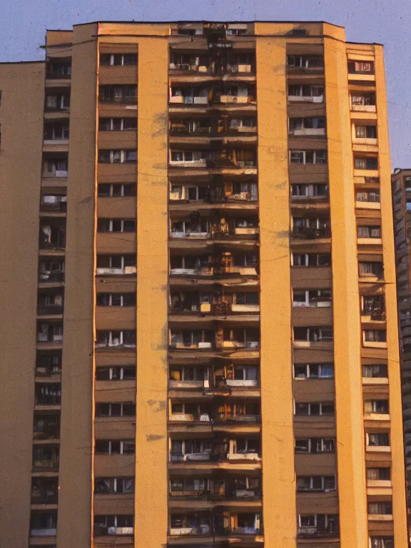 Image similar to soviet panel apartment building photo, extreme wide shot, golden hour, kodak gold 2 0 0, side - view