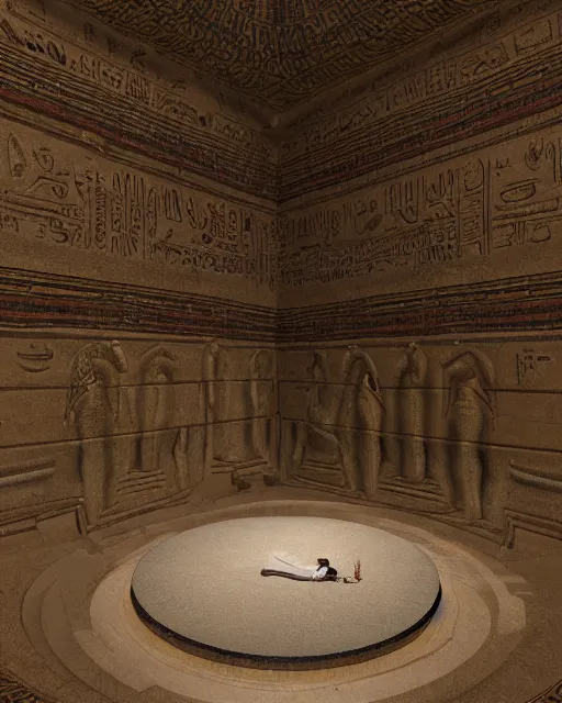 Image similar to greg rutkowski digital painting of an ornate and royal egyptian antechamber tomb, a circular pool in the tomb showing the galaxy, unreal engine, hyper realism, realistic shading, cinematic composition, blender render, octane render, hdr, detailed textures, photorealistic, ultrawide shot, 3 5 mm film