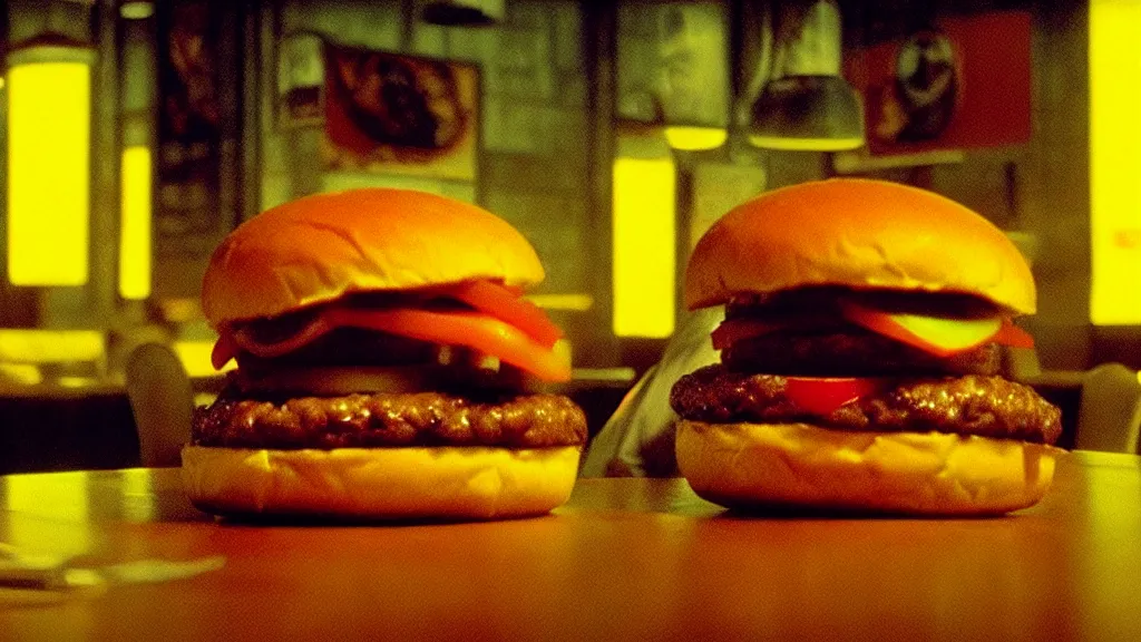 Prompt: the disdainful cheeseburger creature at the fast food place, film still from the movie directed by denis villeneuve and david cronenberg with art direction by salvador dali and zdzisław beksinski, wide lens