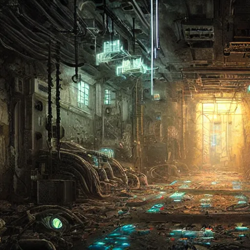 Prompt: hallway inside ruined underground cyberpunk glacier city with broken crts displaying static illuminating room filled with scattered wires, by greg rutkowski, zdzisław beksinski, anato finnstark, and rembrandt