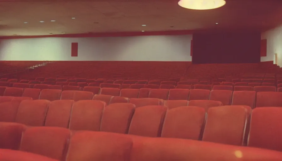 Image similar to 60s movie still of empty movie theater, cinestill 800t 50mm eastmancolor, liminal Space style, heavy grain-s 150