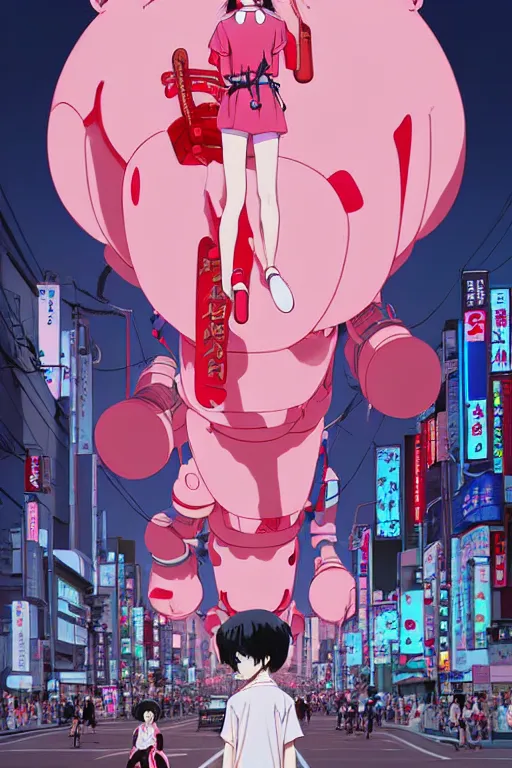 Image similar to Artwork by James Jean, Phil noto and hiyao Miyazaki; a young Japanese future samurai police girl named Yoshimi battles an enormous looming evil natured carnivorous pink robot on the streets of Tokyo; Japanese shops and neon signage; crowds of people running; Art work by studio ghibli, Phil noto and James Jean