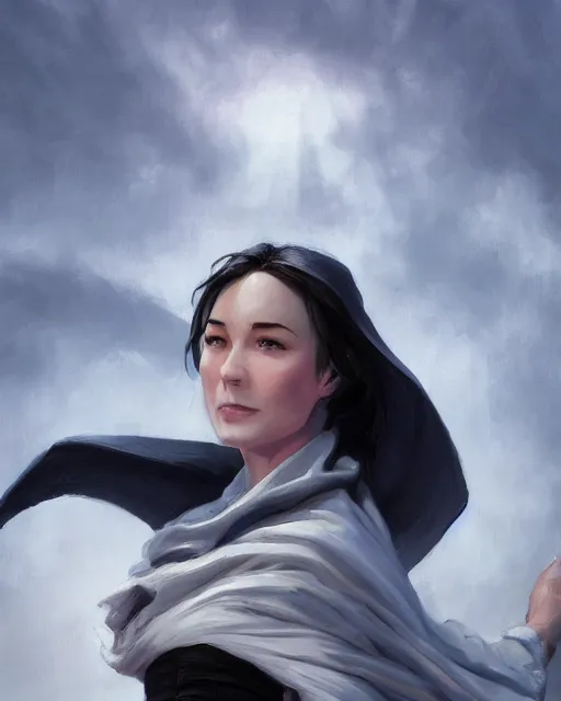 Prompt: close up portrait of lady vin cute face from mistborn ascending to sky, waving the cape of long strips of fabric, wearing black tight clothing, medieval town landscape, detailed face, 4 k hd, digital painting, trending on artstation by ted nasmith