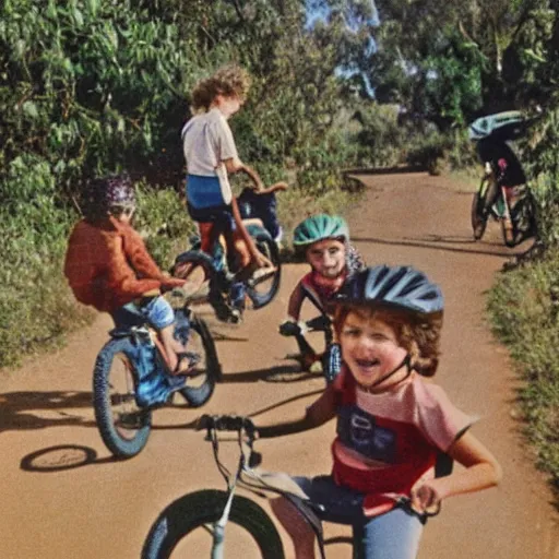 Image similar to realistic photograph from the 1980's of kids riding bikes in Australia near a river carrying a stamp collection with a speech bubble saying yeeeee!