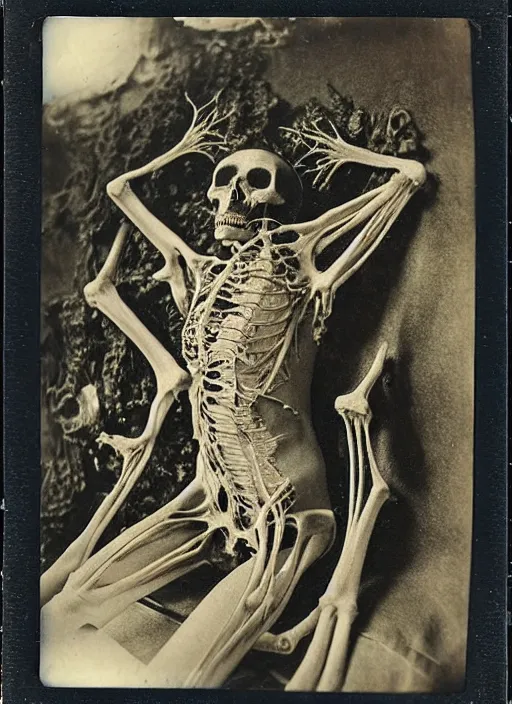 Image similar to an 1 9 1 0 polaroid photography of a very sad and detailed rotten woman corpse with fractal coral reefs and ornate growing all around, muscles, veins, arteries, bones, anatomical, skull, eye, ears, organs, flesh, full body, intricate, surreal, ray caesar, john constable, guy denning, dan hillier, black and white