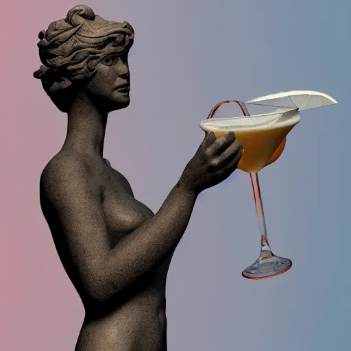 Image similar to close - up of white reneissance statue holding a coctail, colorful coctail, digital painting, 3 d render