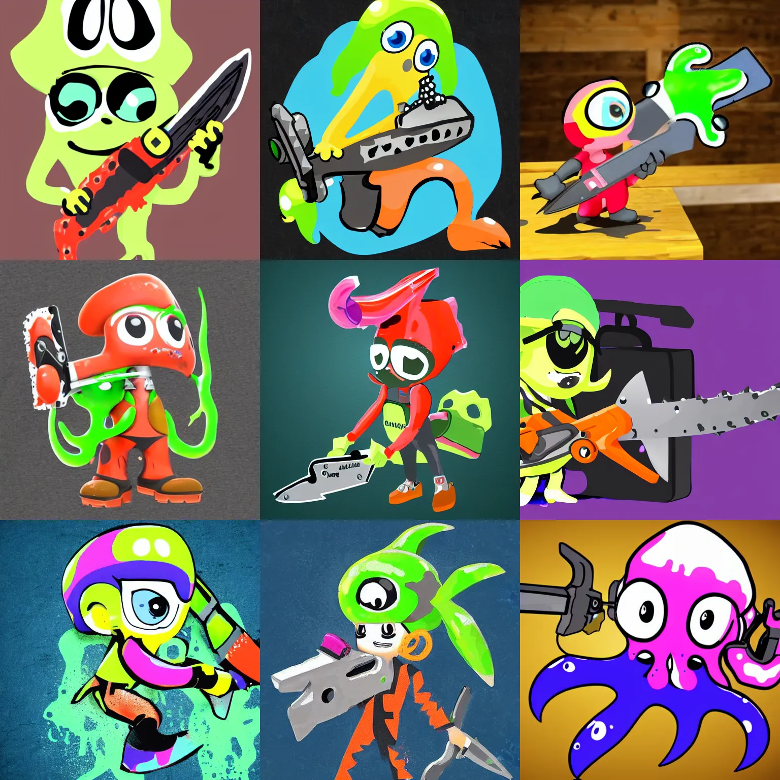 Prompt: Splatoon squid holding a chainsaw