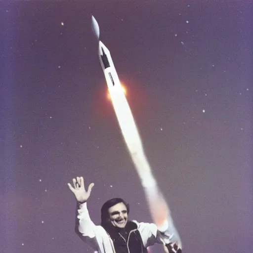 Image similar to carl sagan surfing on a rocket in outer space.