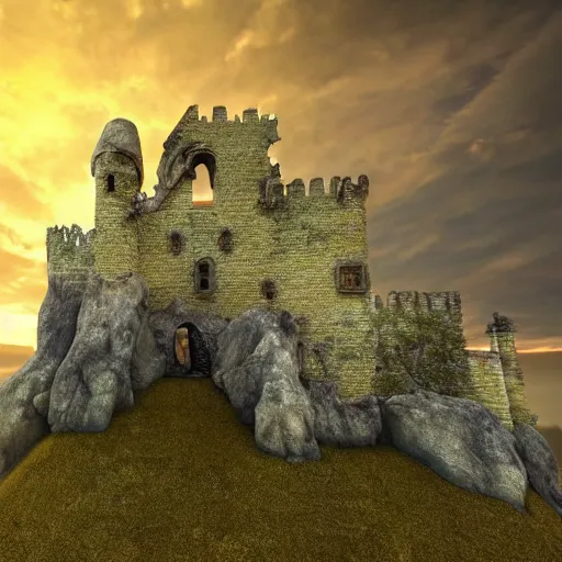 Image similar to | type : 3 d render | style : fantasy, detailed, hyperrealism | subject : a crumbling castle on a floating boulder | colors : gold and blue and green | scene : sky full of clouds during sunset | subject description : old and beautiful decaying castle | lighting : golden sunset | emotion : warm, peaceful | params :