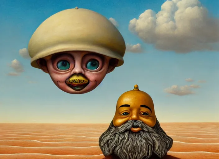 Image similar to a forgotten garden gnome in a vast barren desert, hopeless wasteland background with a relentless raging sun overhead, an ultrafine detailed painting by mark ryden, trending on deviantart, pop surrealism, whimsical, lowbrow, perfect symmetrical face