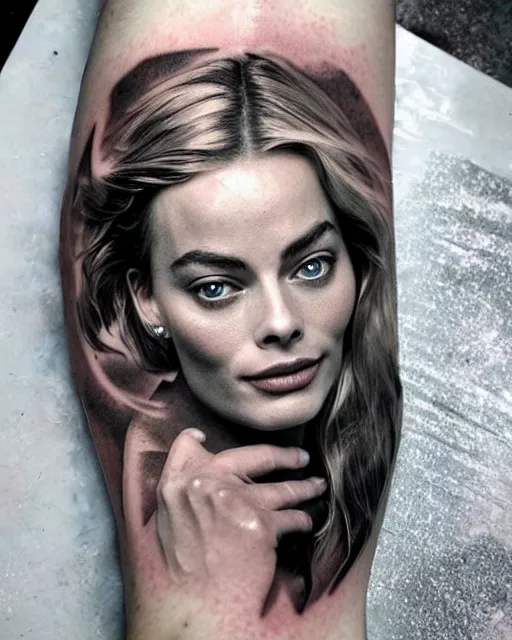 Image similar to creative double exposure effect tattoo design sketch of margot robbie face blended in beautiful mountain scenery, realism tattoo, in the style of matteo pasqualin, amazing detail, sharp