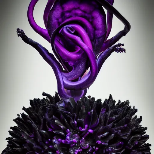 Image similar to Deep imprint flower core, our ouroborous devours it's tail by Rick Baker, black, neon purple, Hyperreal, Photographed in the Style of Annie Leibovitz, Studio Lighting