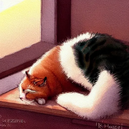 Prompt: head and shoulders masterpiece portrait of a cute adorable cat sleeping on a window sill at sunset, digital art watercolor by krenz cushart and hayao miyazaki and kuniyoshi utagawa, trending on artstation, cgsociety, rich vivid color