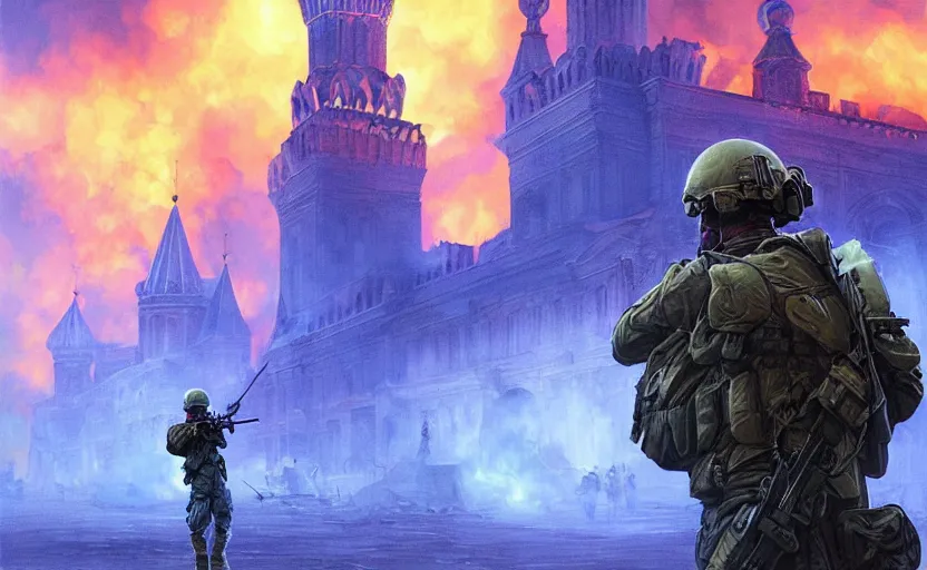 Image similar to special forces soldier with ukrainian blue and yellow shoulder patch watches red square kremlin burn in the background, d & d, fantasy, bright atmosphere, volumetric lights, intricate, elegant, extremely detailed, digital painting, artstation, concept art, matte, smooth, sharp focus, hyper realistic, illustration, art by artgerm and greg rutkowski and alphonse mucha