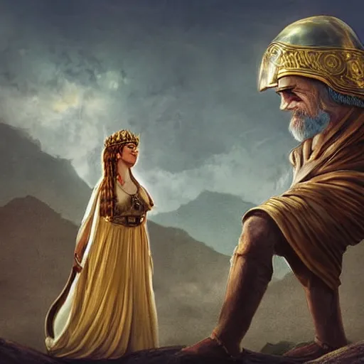 Image similar to tiny Emma Stone as ancient greek woman in golden helmet standing on giant grey-haired bearded male face in the sky, epic fantasy style art, fantasy epic digital art