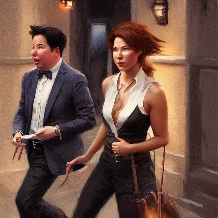 Image similar to michael mcintyre leaving a bar with with a singing waitress, elegant, real life skin, intricate artwork, high detailed, artstation, concept art, smooth, sharp focus, art by artgerm and greg rutkowski