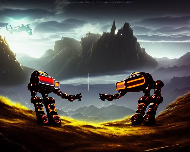 Image similar to two futuristic Sci-Fi robot fighting each other, landscape, Cyberpunk, Steampunk, close up, cloudy, mountains on background, peaceful day