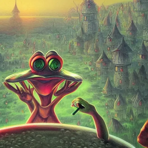 Image similar to A centered chest up portrait of a psychedelic godlike anthropomorphic frog smoking a hand-rolled cigarette smoking heavily , magic mushroom village in background . award winning. superb resolution. in the art style of junji Ito and greg rutkowski . Detailed Mushroom city in background. Hyper realistic anime. Perfect art. Dalle2