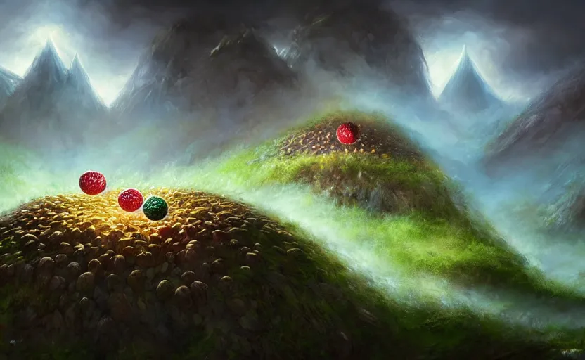 Image similar to magic : the gathering fantasy concept art of excited riceballs with excited expressions bouncing down a mountain path, by marco bucci, high resolution, the riceballs are bouncing up and down, rice granules scattered all around, balls of rice, bouncing, fantasy coloring, intricate, digital painting, artstation, smooth, sharp focus