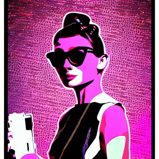 Image similar to audrey hepburn cyberpunked, synthwave poster, glitch art background,