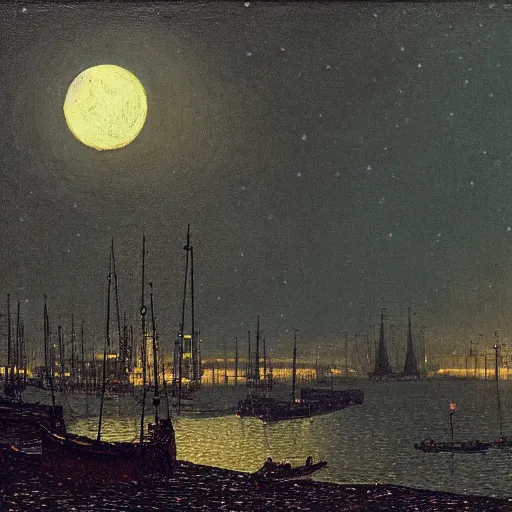 Prompt: A moonlit harbour being attacked by a giant Martian tripod in the style of John Atkinson Grimshaw