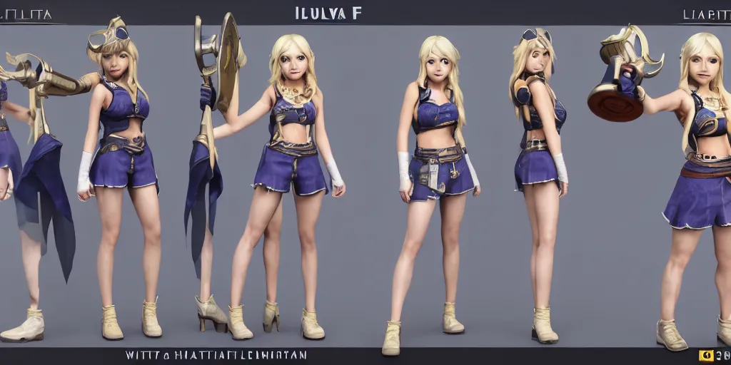 Prompt: character sheet of Lucy heartfilia as a champion in the game wild rift. 3d render, unreal engine 5, 8k resolution, sfw