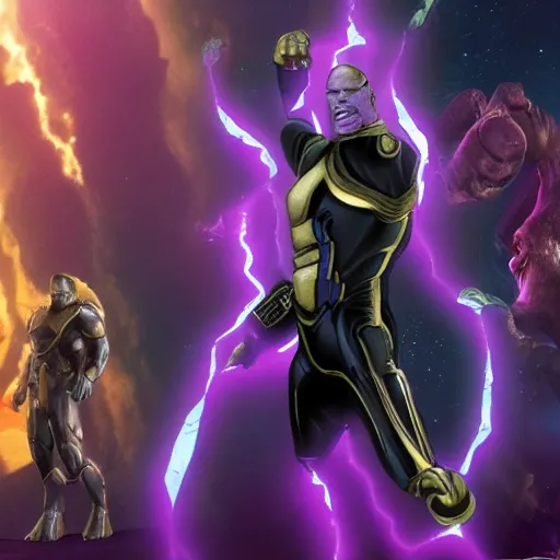Prompt: thanos being rick rolled by the avengers in 4 k, high detail, realistic