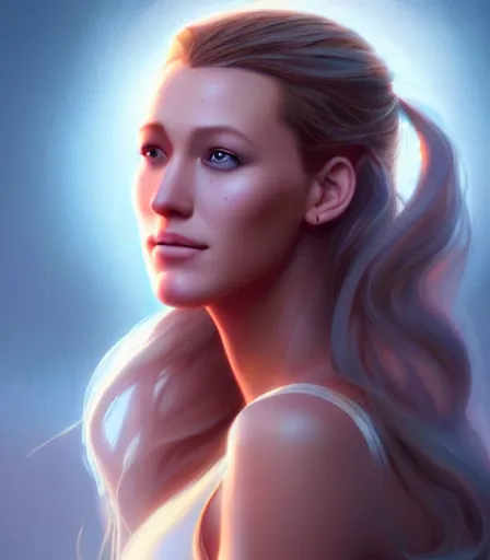 Image similar to beautiful portrait of a goddess who looks like Blake Lively , character design by charlie bowater, ross tran, artgerm, and makoto shinkai, detailed, soft lighting, rendered in octane