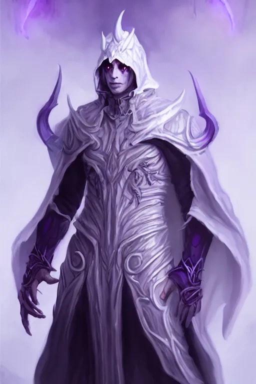 Prompt: human male demon, full body white purple cloak, hoodless, warlock, character concept art, costume design, black eyes, white horns, trending on artstation, Artgerm , WLOP