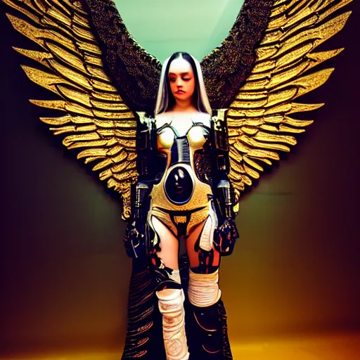 Image similar to female cyber angel, wings, ornate cyberpunk armor, ornate cyberpunk interior, ruins, cyberpunk cathedral, at ancinet Agora of Athens,Golden Light, Cathedral, 8K, trending on artstation, volumetric light, lightrays, smoke, cinematic, atmospheric, insanely detailed and intricate, hypermaximalist, elegant, ornate, luxury, elite, by James Jean, super detailed, face details trending on artbreeder, golden ratio