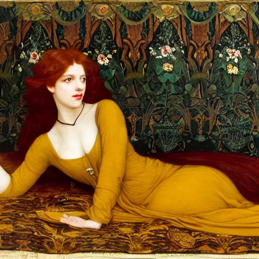 Image similar to preraphaelite photography reclining on bed, a hybrid of a hybrid of judy garland and lady gaga and a hybrid of anne hathaway and liza minelli, aged 2 5, big brown fringe, wide shot, yellow ochre ornate medieval dress, john william waterhouse, kilian eng, rosetti, john everett millais, william holman hunt, william morris, 4 k