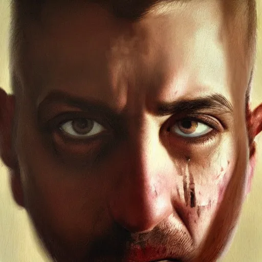 Image similar to high quality high detail painting by juan francisco casas, hd, portrait of a psychopath, intense unsettling look in the eyes, photorealistic lighting