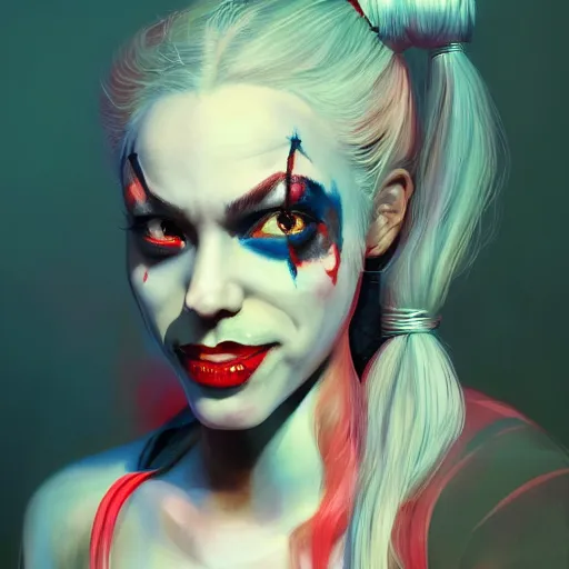 Image similar to Portrait of Harley Quinn but she's a beautiful ape-girl with long pony tails on either side of her head, illustration, by James Jean, artgerm, octane render, by John Coltrane and Marc Simonetti, Manic, inspired by Greg rutkowski, black background, kinemacolor, colorful, high detail of the face, full body