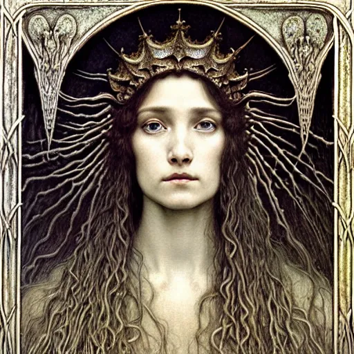 Prompt: detailed realistic beautiful young medieval queen face portrait by jean delville, gustave dore, zdzisław beksinski and marco mazzoni, art nouveau, symbolist, visionary, gothic, pre - raphaelite, art forms of nature by ernst haeckel, memento mori, horizontal symmetry