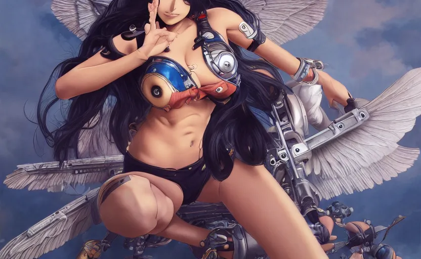 Image similar to mechanized valkyrie of nico robin from one piece, anime style, konami mecha, spread wings, hair down, symmetrical facial features, from arknights, hyper realistic, 4 k, rule of thirds, extreme detail, detailed drawing, trending artstation, hd, d & d, realistic lighting, by alphonse mucha, greg rutkowski