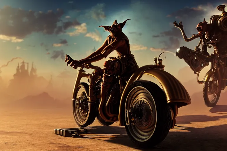 Image similar to a goblin riding a steampunk motorcycle, sunlit daytime, volumetric light, hyperdetailed, artstation, cgsociety, 8k