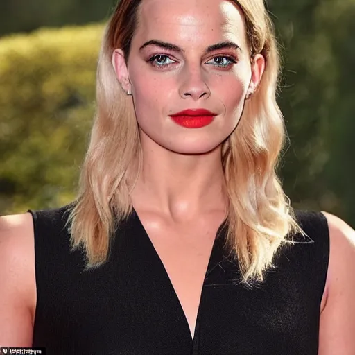 Image similar to a woman who is a genetic combination of margot robbie and emma watson face and upper - body focus