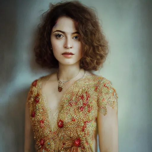 Image similar to 3 5 mm coloured film portrait of sebnem ferah wearing kebaya, hyperrealism, photorealistic, detailed, atmospheric, 8 k, award winning photography, cinematic