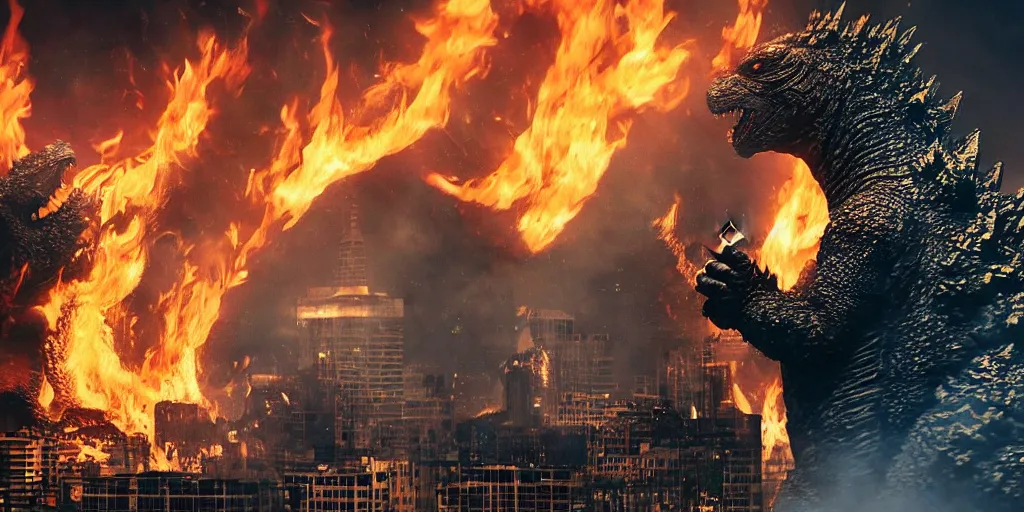 Prompt: godzilla taking a break and gently sipping a cup of tea with fire raging in the bacground