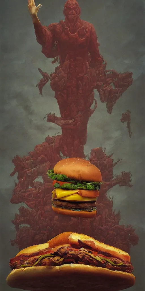 Image similar to an enormous, overwhelming ominous statue of a deluxe cheeseburger, in the style of Rockwell and Beksinski