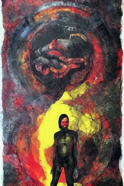 Image similar to surreal a lithe brian molko as slaanesh the prince of pleasure in a post apocalyptic hellscape, esoteric symbolism, intense emotional power, red yellow black, palette knife oil painting by peter booth, josh kirby and william blake