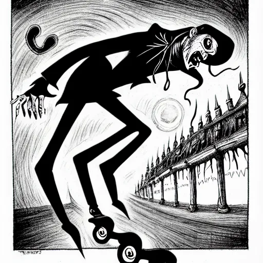 Prompt: black and white trippy comic art of full body depiction of dracula the vampire roller skating on roller skates, drawn by martin rowson, tim burton, alex pardee, nekro petros afshar, james mcdermott, frank moth, cgsociety, awesome, stunning, 4 k