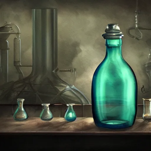 Prompt: a painting of a blue steampunk potion bottle in on a counter in a dark dusty vintage science lab, by h. r. giger, hyperrealistic fantasy art, concept matte, ethereal, dreamy, digital art, trending on artstation, volumetric cinematic lighting