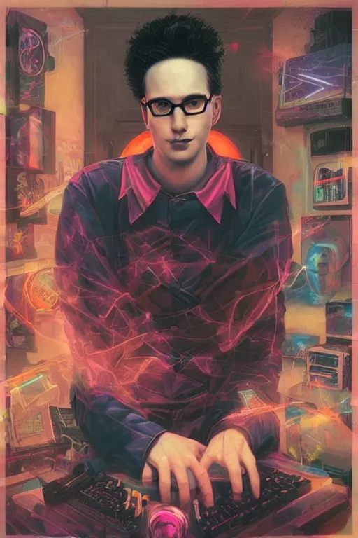 Prompt: portrait of a synthwave goth nerd guy in a cluttered 9 0 s bedroom, by artgerm, tom bagshaw, gerald brom, vaporwave!, vaporwave colors!, lo fi colors, lo fi, 4 k, hd, goth vibe, 9 0 s vibe